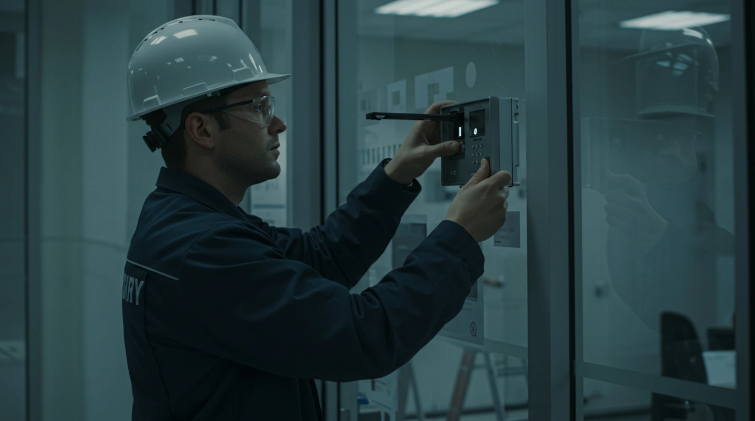 Technician installing an access control reader