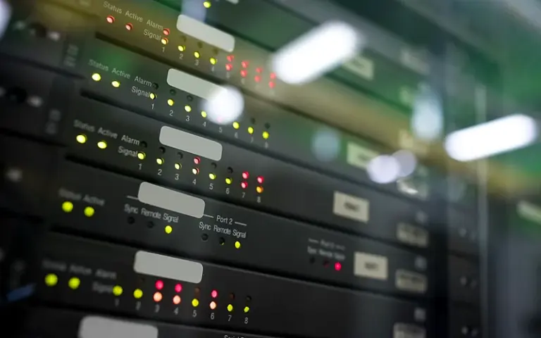 Rack-mounted audio and signal equipment with status lights