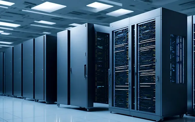 Data centre server room with rows of racks