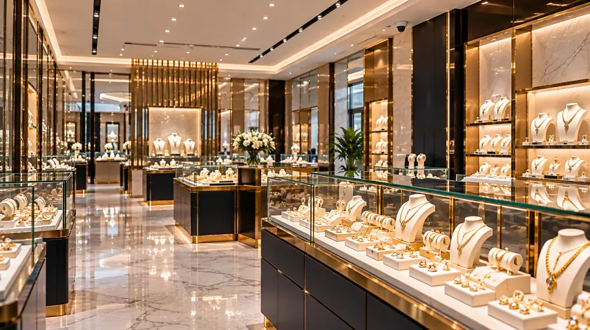 Gold jewellery showroom with illuminated display cases