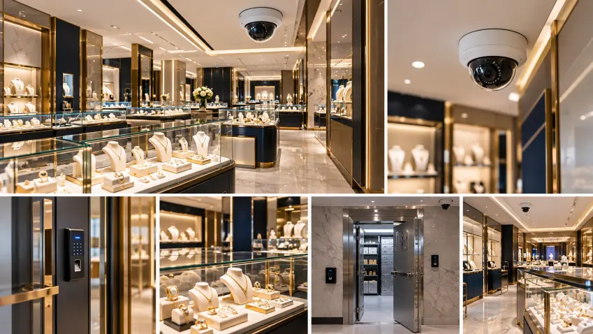 Jewellery store with dome cameras, access control and display cases