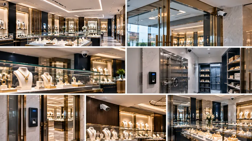 Jewellery store security: counters, entrance control and strongroom door