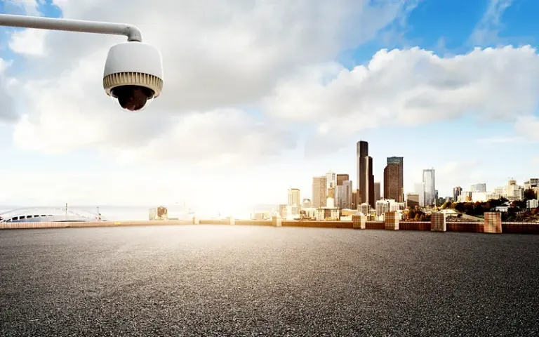 Outdoor dome camera covering an open area with a city skyline behind