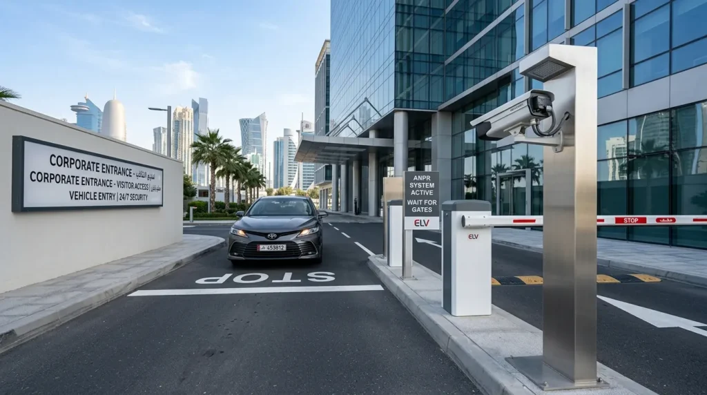 ANPR camera reading a vehicle number plate at a gate