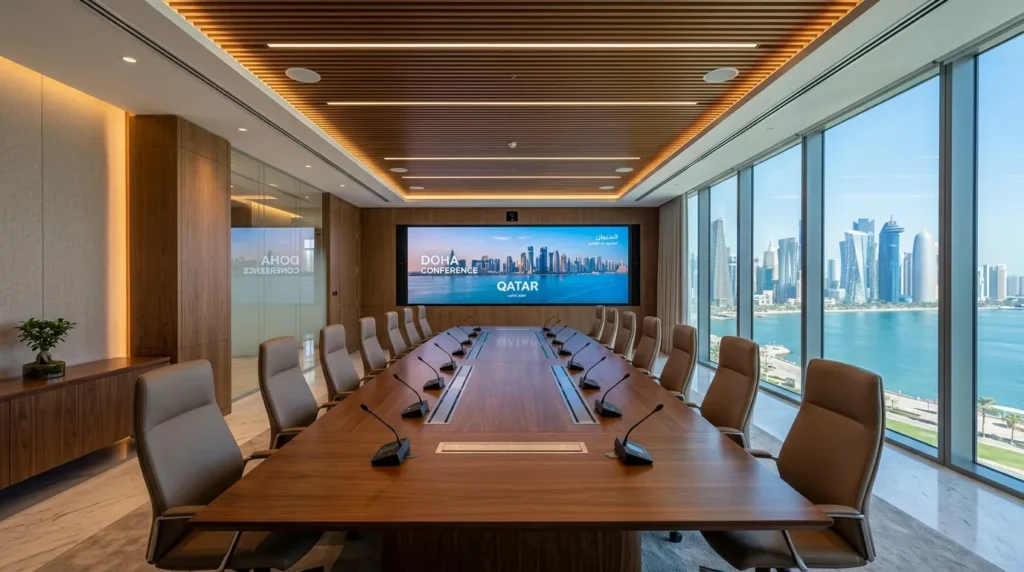 Boardroom with conferencing display and audio system