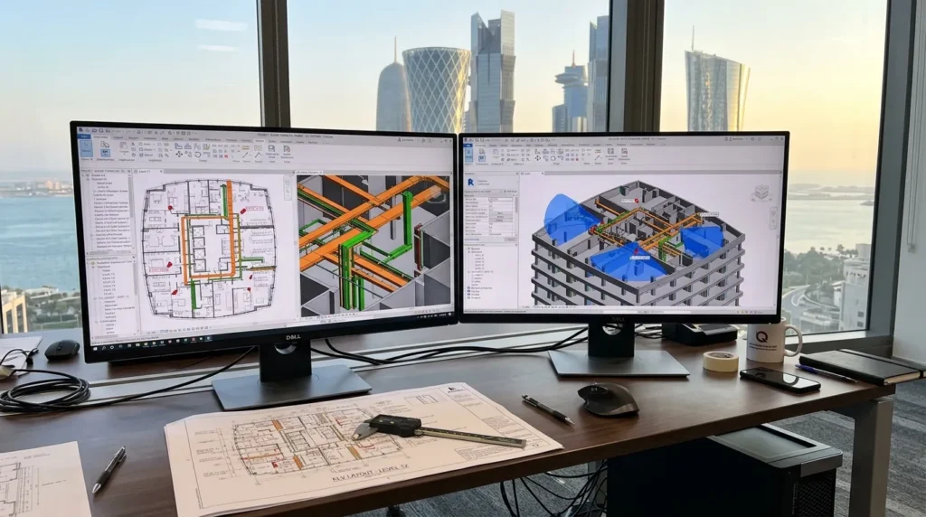 Engineer preparing ELV shop drawings on a CAD workstation