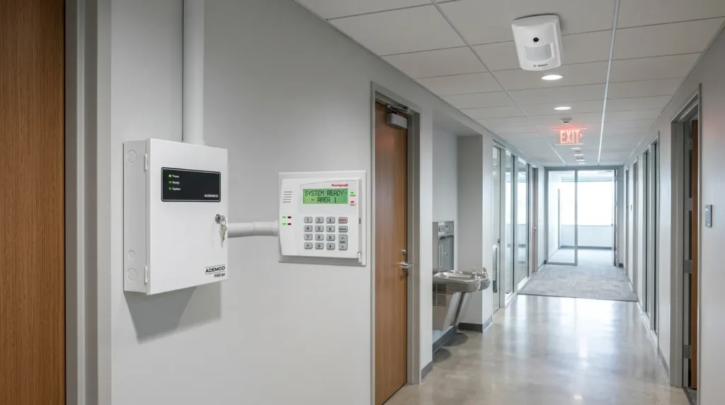 Intrusion alarm keypad and detector in a commercial premises