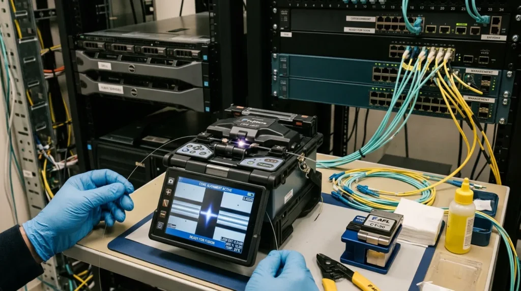 Fiber optic fusion splicing during installation