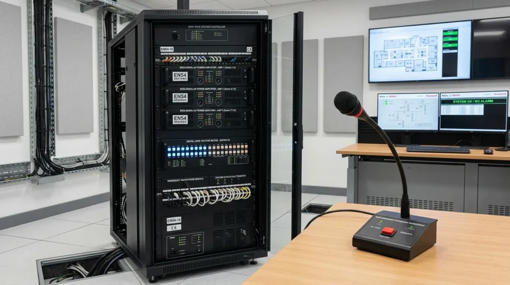 Public address and voice alarm equipment rack