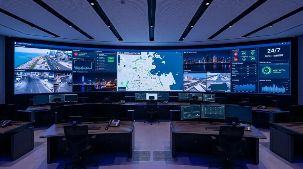 Security operations room with monitoring screens
