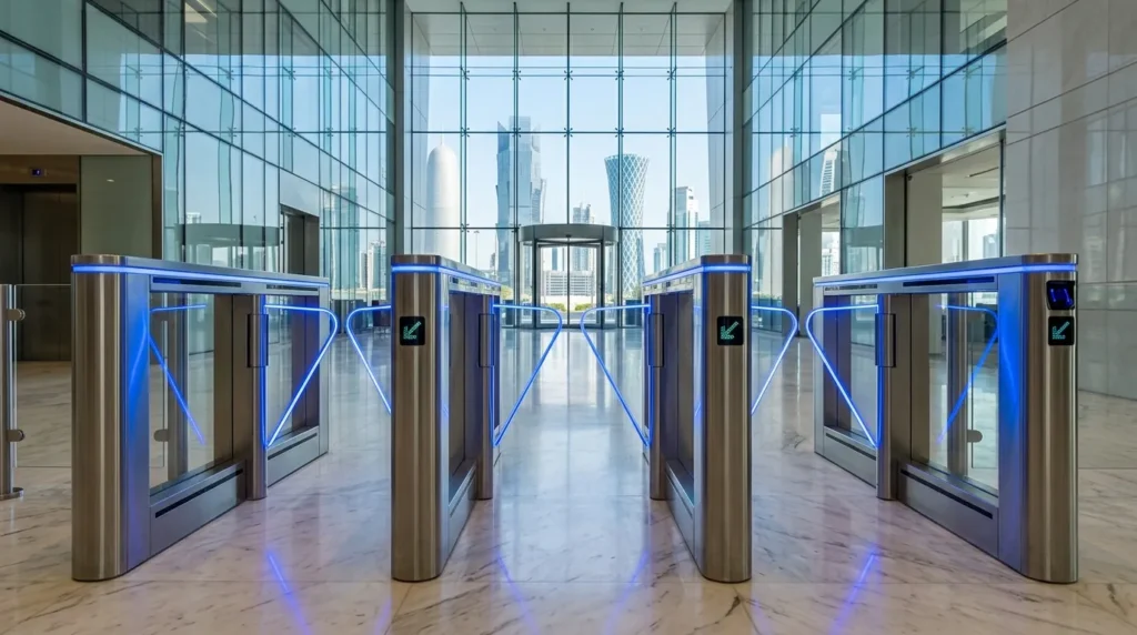 Optical speed gate turnstiles in a corporate lobby