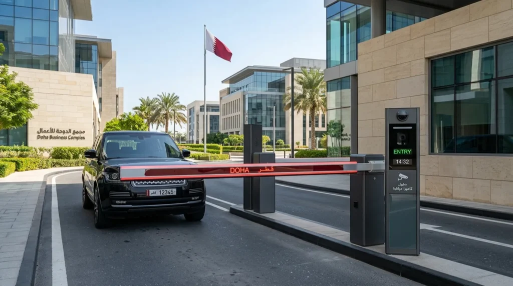 Automatic boom barrier at a vehicle entrance