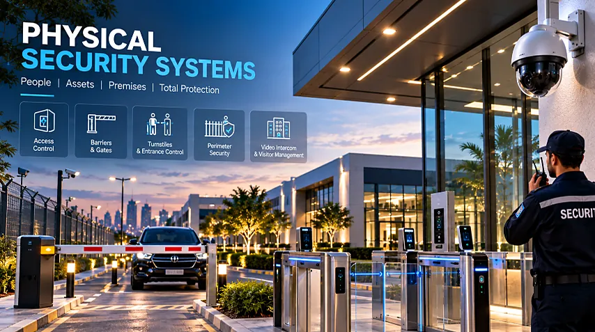 Physical security at a building entrance: cameras, gates and guard