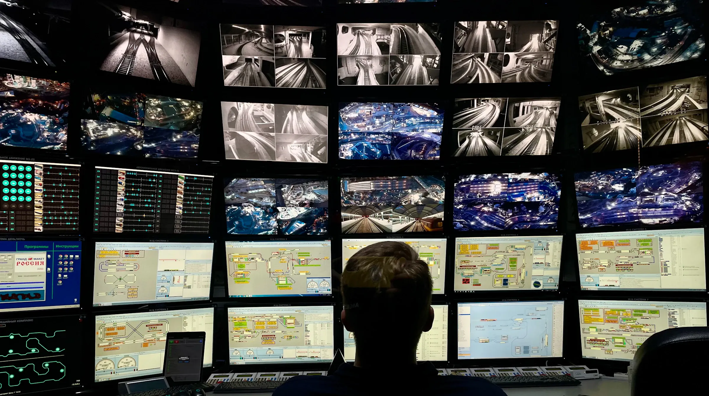 Security operator monitoring a video wall