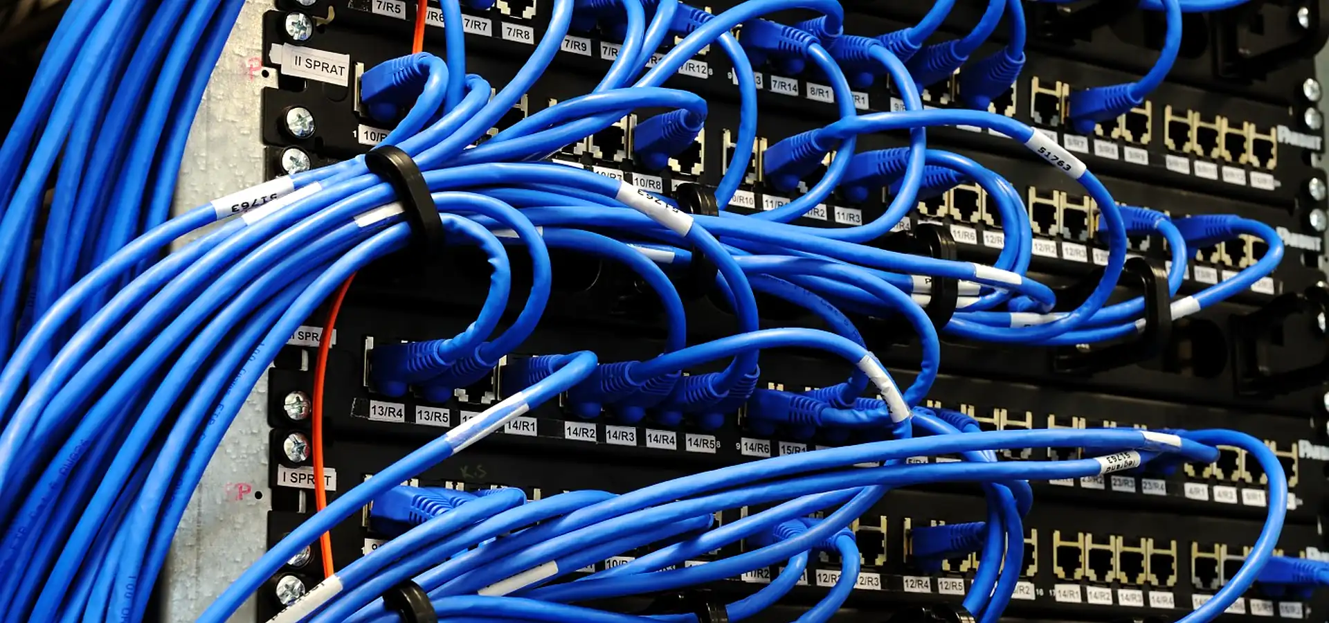 Structured cabling patch panel with blue copper patch cords