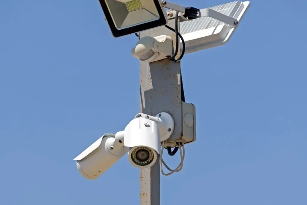 Bullet cameras and a floodlight on a yard pole